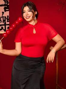 Cravure Plus Size Women's Elegant Vintage Chinese Style Button Decor Red T-Shirt, Short Sleeve - Red - View 3