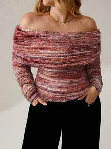 Auralis 大码女式性感优雅休闲Y2K日常穿搭露肩褶皱修身长袖针织高弹仿毛皮毛衣，彩色编织长袖套头衫，适合秋冬春季穿着