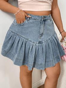 Sunnyshic Jupe mini en jean bleu marine à volants pour femmes grandes tailles - Bleu azur - Voir 6