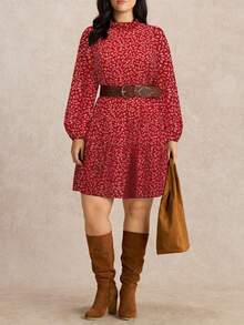 SHEIN LUNE Elegant Vintage French Style Ditsy Floral Ruffle Hem Waist Cinched Casual Dress, Suitable For Work, Autumn/Winter - Red - View 6
