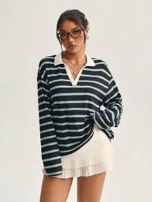 Dewbera Women's Striped V-Neck Loose Fit Long Sleeve Polo Shirt, Casual Sports Wear For Daily, All Season 70s Outfit Women Jumper For Woman Casual Tops Women Women's Golf Tops Double Lined Top Long Sleeve Tops Loose Tops - Multicolor - View 5