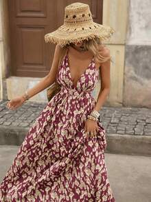 Brillora 碎花深V领无袖收腰连衣裙 - 中紫紅色 - 查看 6