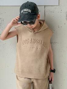 2pcs Set Tween Boys' Casual Korean Style Letter & Graphic Print Hooded Short Sleeve Sweatshirt & Solid Color Shorts, Knitted 2 Pieces Outfit Suitable For Daily Use Suitable For School Suitable For Travel Suitable For Sports Suitable For Spring And Summer Outfits - Khaki - View 2