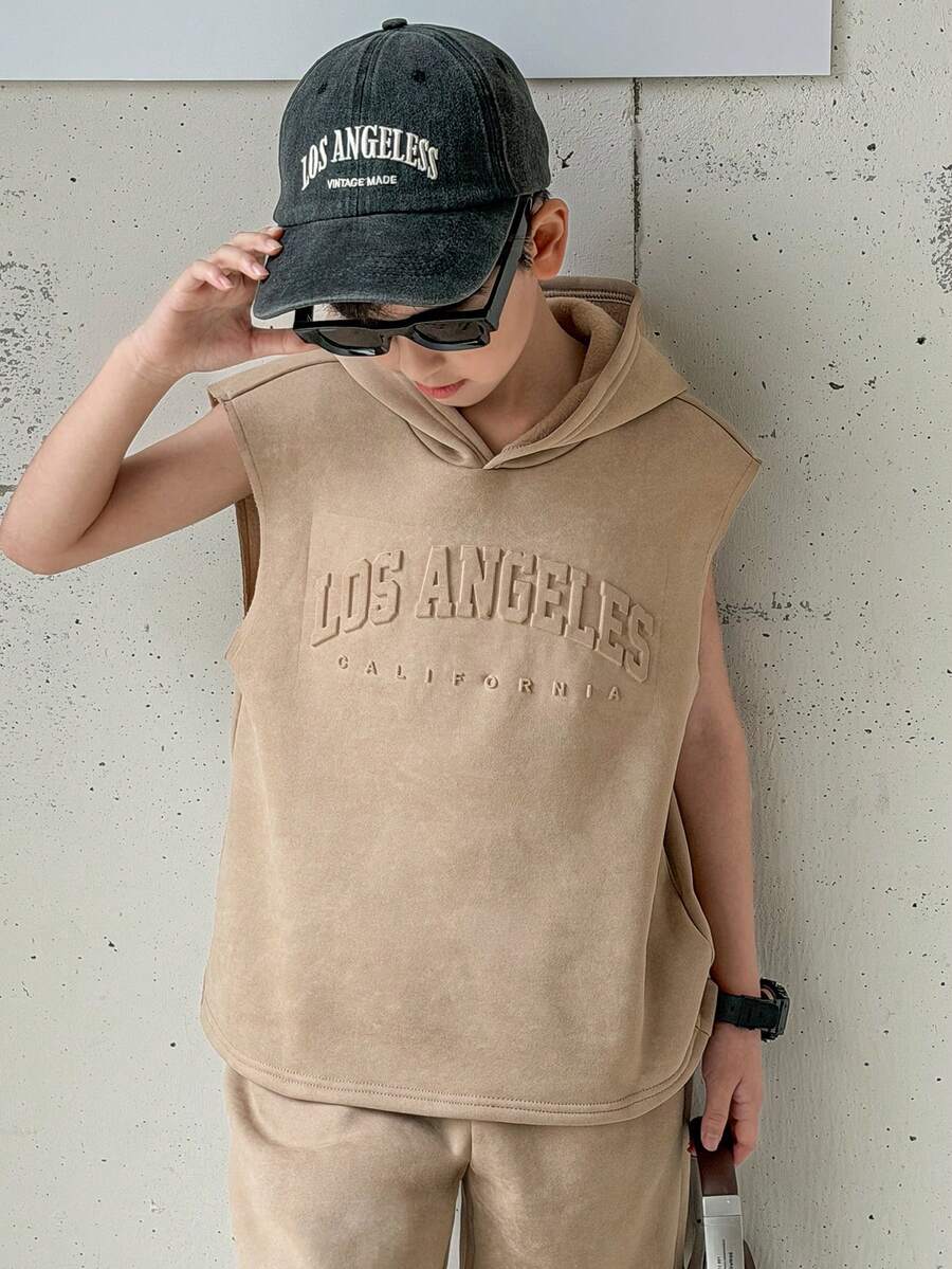 2pcs Set Tween Boys' Casual Korean Style Letter & Graphic Print Hooded Short Sleeve Sweatshirt & Solid Color Shorts, Knitted 2 Pieces Outfit Suitable For Daily Use Suitable For School Suitable For Travel Suitable For Sports Suitable For Spring And Summer Outfits