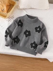 SHEIN Emery Rose Kids Suéter informal con estampado floral pequeño para niña en otoño/invierno - Negro - Ver 5