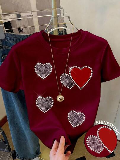 Resyla Heart Print Rhinestone Decor Casual Women Short Sleeve Round Neck T-Shirt, Gift For Friends
