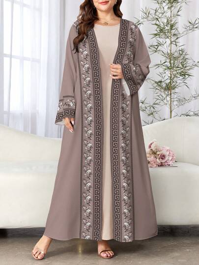 SHEIN Najma Plus Size Women Floral & Geometric Print Open Front Long Sleeve Casual Abaya Cardigan, Spring/Autumn, Modest Dress Open Abaya, Islamic Dresses For Women