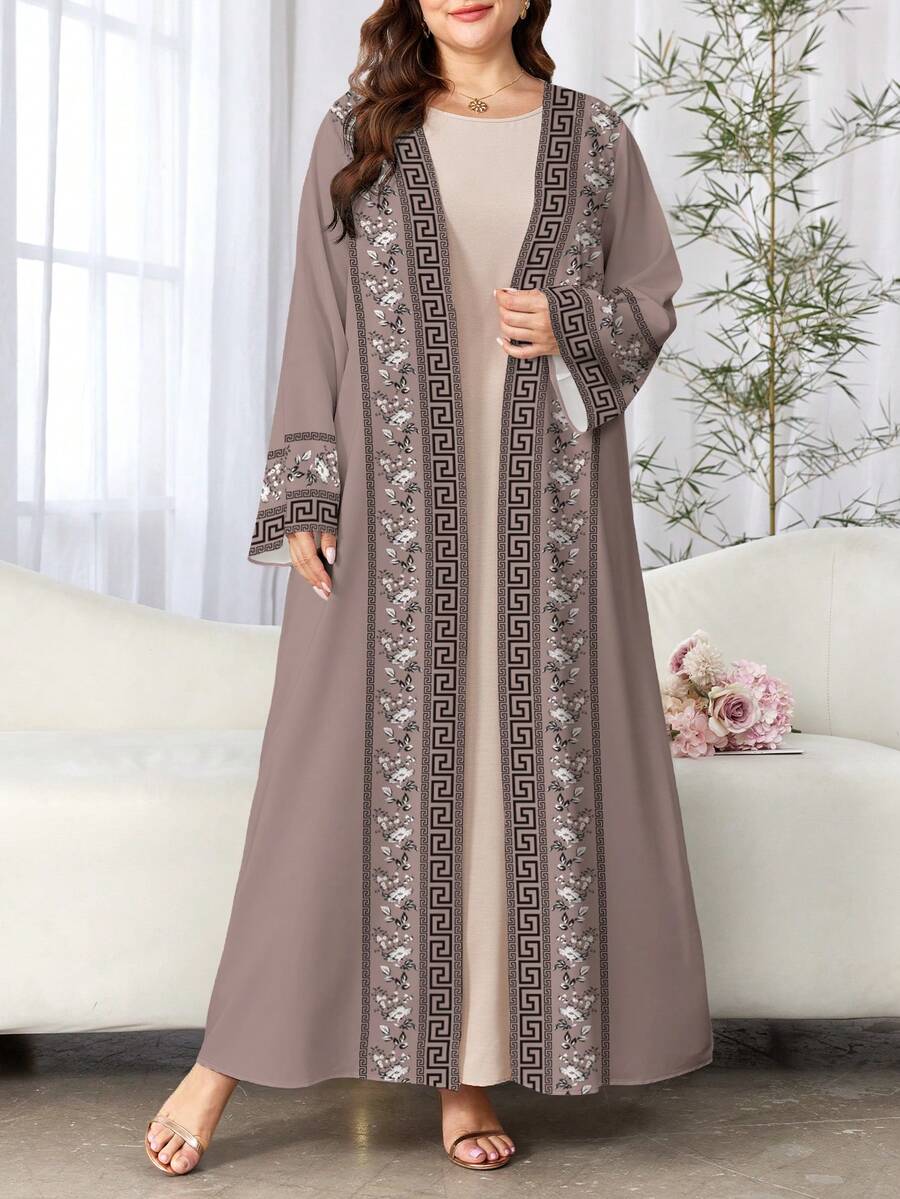 SHEIN Najma 大码女式花卉几何印花开襟长袖休闲阿巴雅开衫,春秋季 - 彩色 - 查看 1