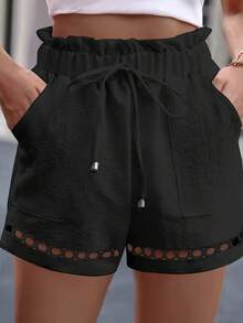 EMERY ROSE 2025 大码女式夏季蕾丝边腰带口袋休闲短裤 - 黑色 - 查看 1