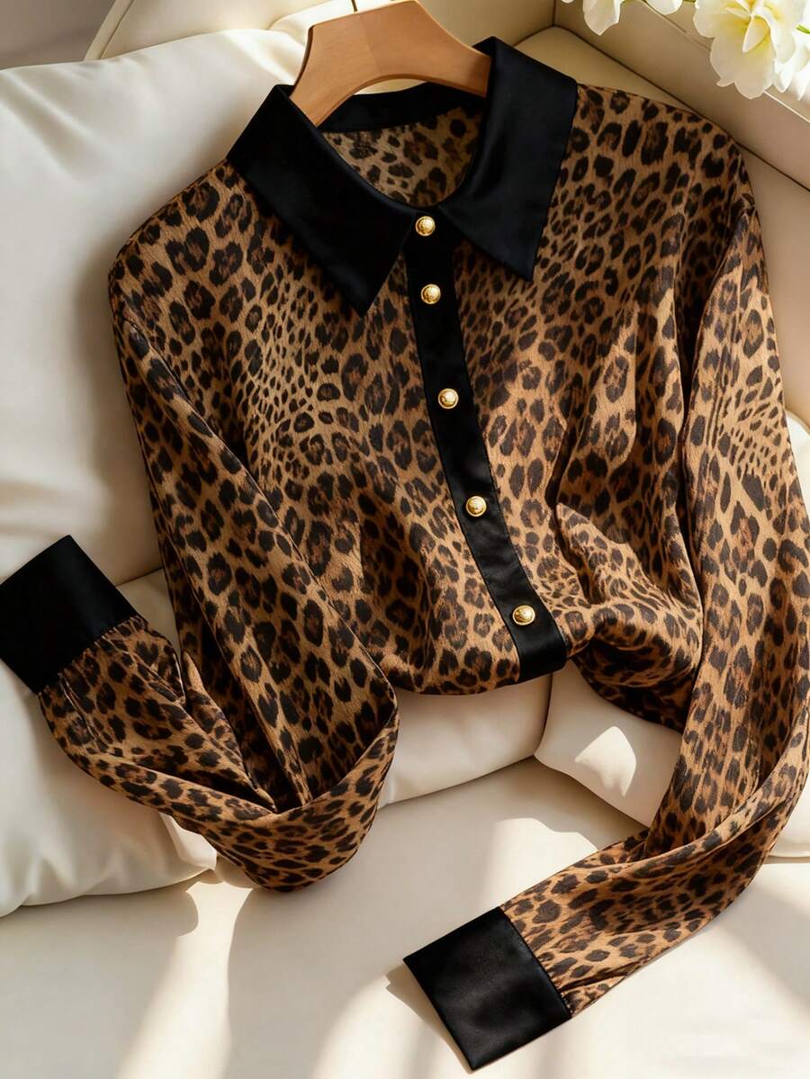 GlowEve CURVE Plus Size Women's Leopard Print Chiffon Patchwork Shirt, Gold Button Decor Blouse, Casual Spring/Summer Wear - Multicolor - View 1