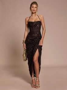 SHEIN BAE 秋冬女式酒红色提花露背抹胸开衩连衣裙，黑色迷你裙，派对正式礼服，适合派对、正式场合、鸡尾酒会、节日、万圣节、圣诞节等场合。 - 咖啡棕 - 查看 3