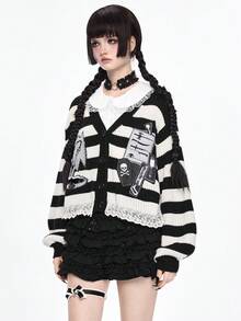 ROMWE Women's Y2K Dark Gothic Striped Patchwork Sewing Line Weapon Skull Bat Crow Saw Pattern Lace Trim Loose Cardigan, Autumn/Winter - Multicolor - View 5