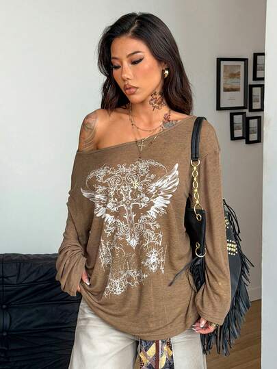Coolane Women's Winter Goth Grunge Y2K Cupid Graphics Vintage Western Wear Goth Comfortable Asymmetrical Neck Off The Shoulder Olive Green Long Sleeve T-Shirt