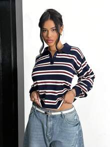 Shopreo Women's Autumn Retro Striped Turtleneck Sweater - Navy Blue - View 4
