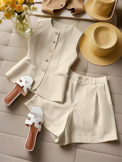 Franclia Petite Conjunto de dos piezas de mujer con cárdigan casual de manga corta y cuello redondo