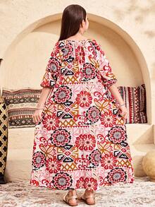 SHEIN Tween Girls All Over Print Flounce Sleeve Flared Hem Long Vacation Dress - Black - View 2