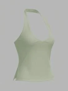 SHEIN BASICS Casual Solid Color Knit Halter Neck Top For Women/Summer - Green - View 7