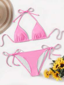 SHEIN Swim 2025 纯色系带比基尼泳衣，度假沙滩 - 粉色 - 查看 3