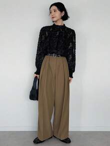 FRIFUL Women's Solid Color Stand Collar Long Sleeve Sheer Mesh Fabric Casual Loose Versatile Blouse, Autumn/Winter - Black - View 2