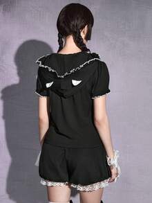 ROMWE Goth 深色藤蔓、猫、蝙蝠翅膀、鸟笼女孩剪影连帽衫，带猫耳朵紧身T恤 - 黑色 - 查看 8