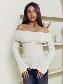 Criza Taa Solid Off Shoulder Lettuce Trim Tee,Fall Clothes,Back To School Clothes Long Sleeve Women Tops Cute Tops