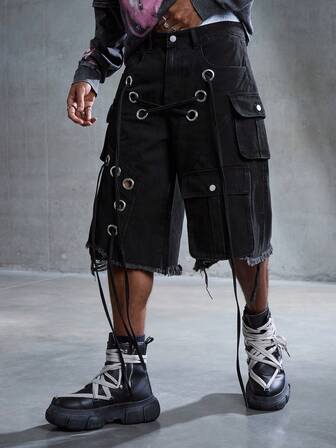 Street Life Herren Punk Street Style Destroyed Loose Cargo Shorts mit niedriger Taille