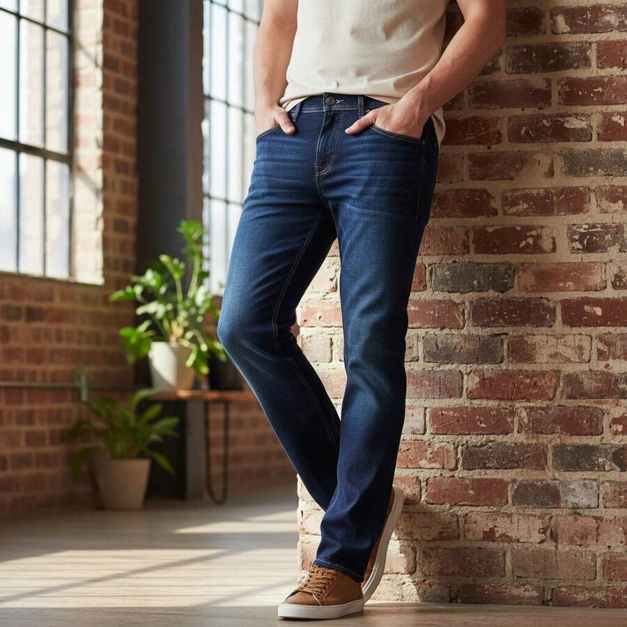 PANTALON PARA CABALLERO EN TONO AZUL OBSCURO CON LIGEROS BIGOTES AL FRENTE, CORTE SLIM, MEZCLILLA STRETCH SUPER COMODO. - Azul lavado oscuro - Ver 1