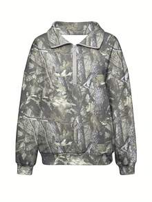 Glimmora Women's Loose Casual Sweatshirt With Digital Print, Stand Collar And Half-Open Hem - Multicolor - View 3