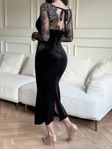 Dazy Tall Tall Women's Lace Patchwork Backless Hollow-Out Elegant Velvet Casual Long Bodycon Dress - Black - View 5