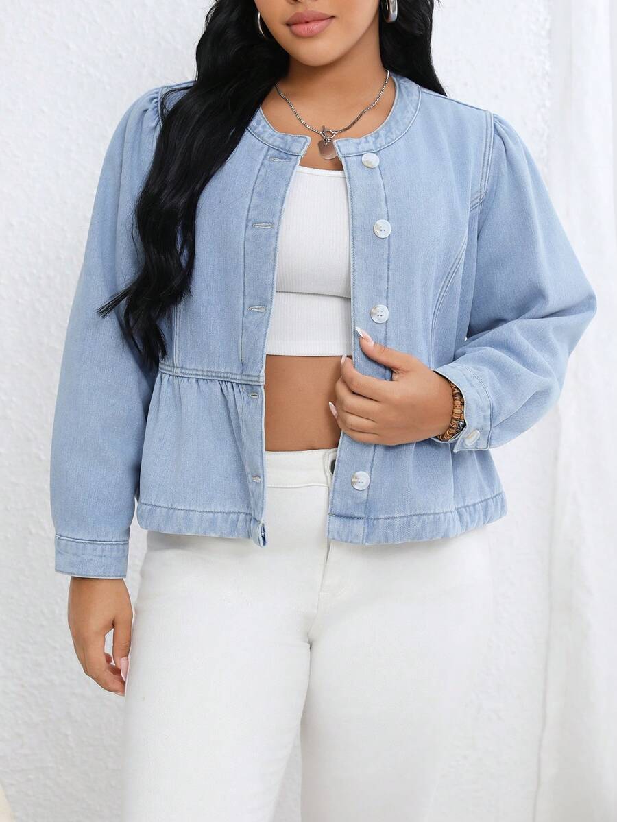 EMERY ROSE Plus Size Women's Light Blue Autumn Smart Casual Everyday Single-Breasted Peplum Hem Cropped Denim Jacket,Oversized Jean Jacket For Commute - Blue - View 1