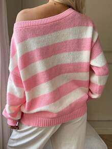 CovetEZ 女士休闲宽松露肩长袖条纹毛衣，秋冬款 - 粉色 - 查看 6