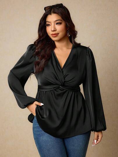 Elaquor Plus Size Women's Solid Color Twist Design Lantern Sleeve Elegant Blouse