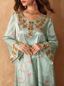 Al Najma 优雅奢华的甜心领串珠喇叭袖连衣裙，春夏款 - 彩色 - 查看 3