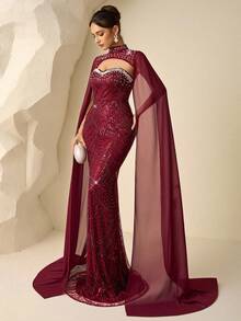 Coutiva Elegant Sequin Beaded 2-Piece Set Luxury Strapless Slim Mermaid Evening Dress,Heavy Workmanship Formal Gown For Wedding Guest,Party & Graduation - Burgundy - View 7