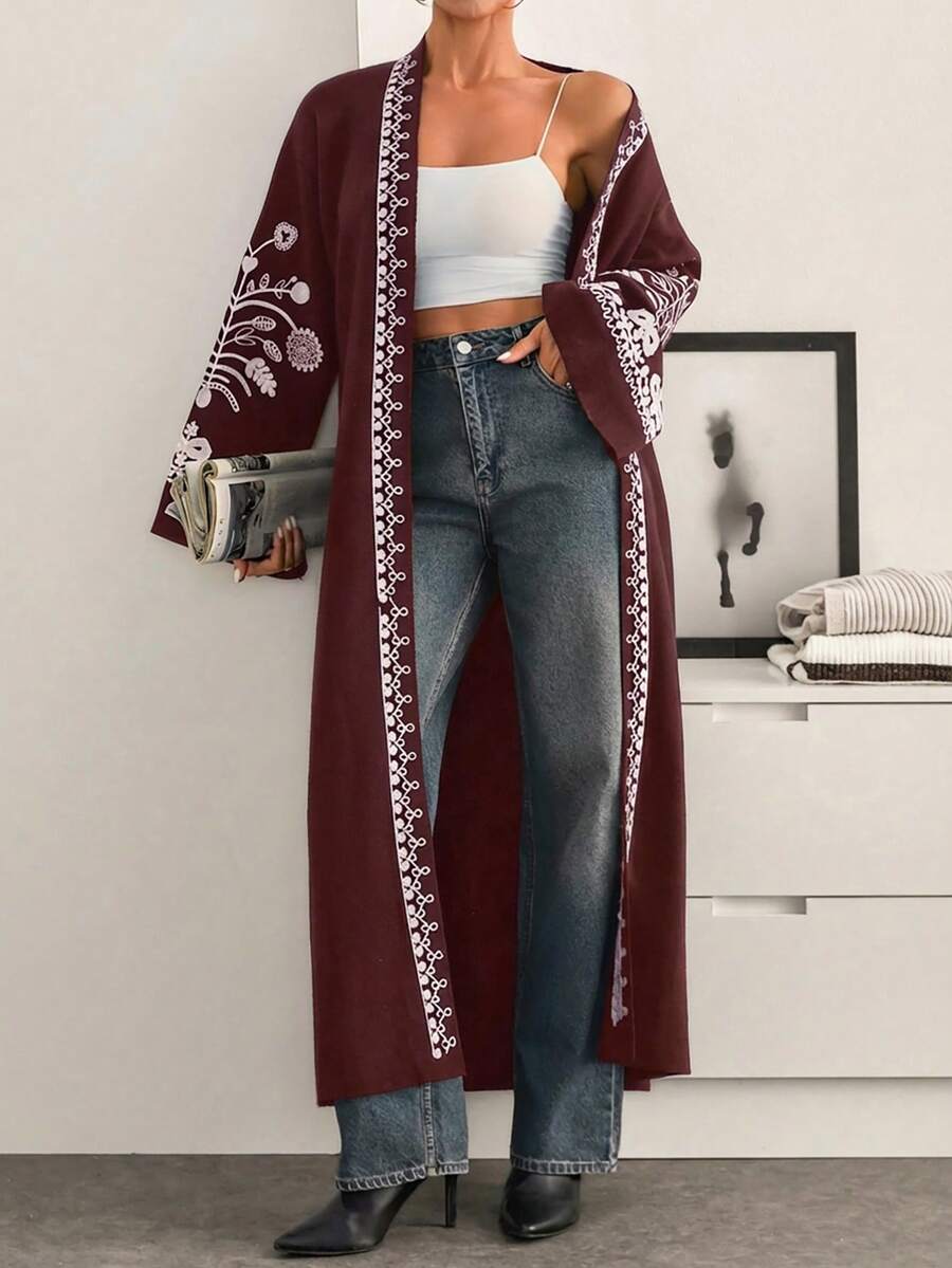 波西米亚风黑色针织和服，饰以白色刺绣滚边和系带腰带 – 长款开衫 - 棕色 - 查看 1