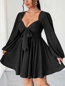 SHEIN CURVE+ 大码女士性感系带露背镂空黑色迷你连衣裙，秋季款 - 黑色 - 查看 5