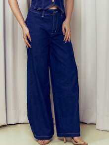 Criza Taa 女式两件套牛仔套装（含前开背心和阔腿裤） - 深色水洗藍 - 查看 5