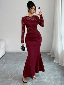 Glamine 极简时尚褶皱蕾丝拼接牛奶丝弹力圆领长袖连衣裙，适合单身派对、聚会等场合。 - 酒紅色 - 查看 7