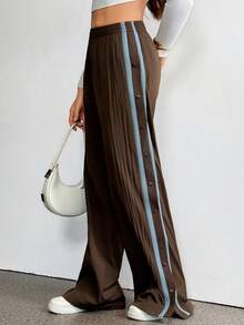 SHEIN Tall 女士弹力腰侧条纹阔腿宽松休闲裤棕色裤子女士阔腿裤按扣裤运动裤棕色运动裤 - 棕色 - 查看 8