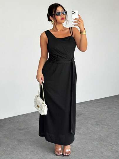 Firerie 大码休闲优雅度假百搭日常百搭简约弹力针织修身时尚不对称领设计吊带金属扣女士直筒H型连衣裙，春夏款