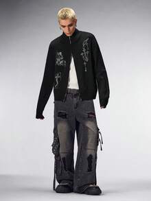 ROMWE MEN Goth Cardigan de punto con cuello de tripulación, cierre de cremallera, gráfico de cruz oscura y calavera, para hombre - Negro - Ver 6