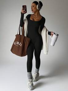 Dewbera Dewbera 2PCS Women's Black Autumn Athleisure Basic Gym Solid Color Round Neck Long Sleeve Jumpsuit,Seamless Workout Compression Legging Unitard Bodysuit - Multicolor - View 3