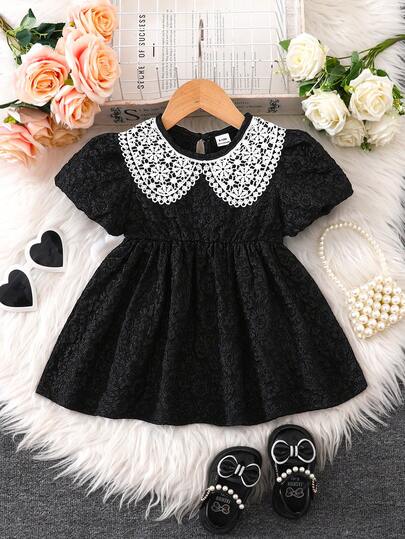 SHEIN Toddler Girls' Fashionable Casual Floral Pattern Textured Fabric Ruffle Collar Short Sleeve Dress, Suitable For Spring, Summer, Autumn, Home, Vacation, Holidays, Parties, Elegant, Daily Wear