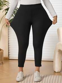 EMERY ROSE Damskie eleganckie, codzienne, czarne legginsy z podszewką termiczną i zdobionymi guzikami, w dużych rozmiarach, zimowe