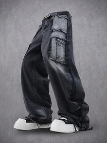 Manfinity Denimwave Casual Versatile Button Fly Wide Leg Men's Jeans Black Cargo Jeans - Black - View 3