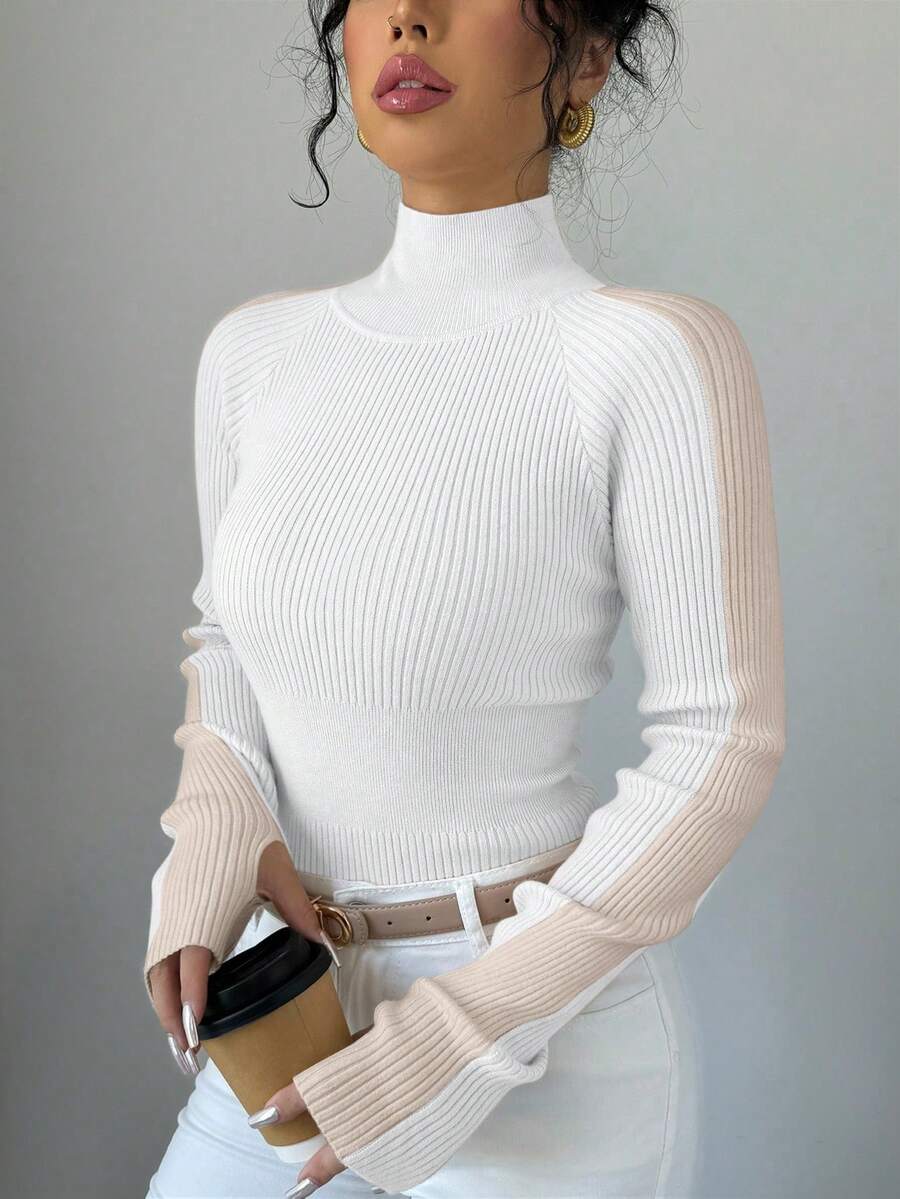 RosyDaze Contrast Color Collar Raglan Sleeve Slim Fit Basic Tee High Neck Top Ribbed Top Tight Tops Women's Turtleneck Mock Neck Top - White - View 1