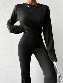 EURMUSE 2 peças/conjunto feminino cor sólida gola redonda manga comprida camiseta e calças boca de sino roupa casual, outono - Preto - Ver 5