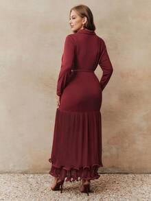 Anewsta 优雅舒适的圣诞纯色针织修身拼接褶裥鱼尾下摆长袖加大码女装连衣裙 - 酒紅色 - 查看 3