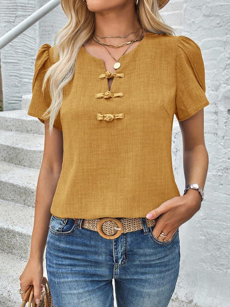 Plus Size Solid Color Petal Sleeve Button-Up Shirt, Summer