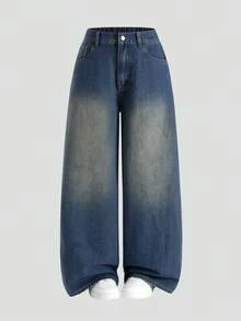 SHEIN MOD Women's Casual Washed High Waist Wide Leg Casual Jeans Summer Jeans Spring Women Beach Pants Women's Loose Fit Wide Leg Denim Jeans Vintage Wash High Waisted Casual Trousers - Dark Wash - View 1